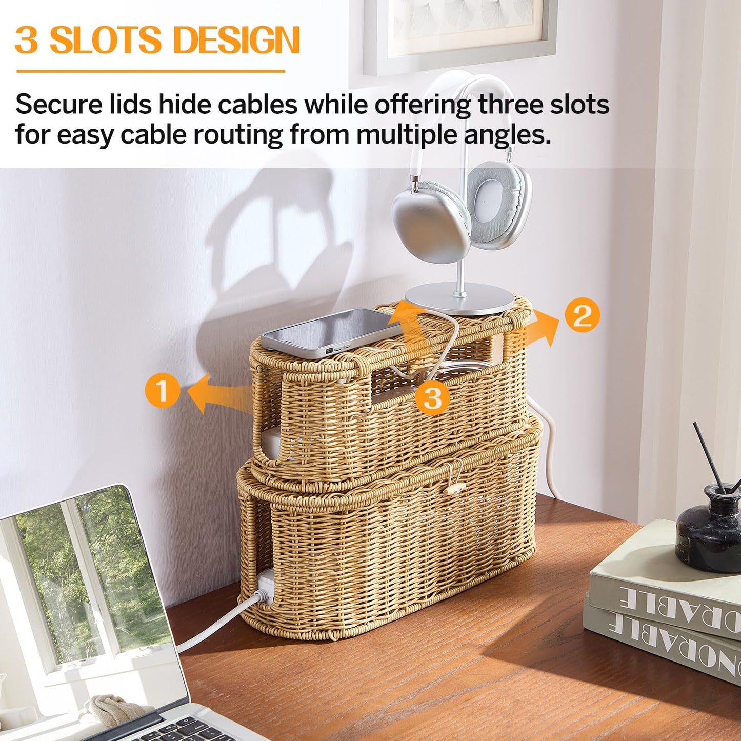 FairyHaus Cable Management Box 2Pack Caramel, Handwoven Large and Small Cable Organizer Box Cover to Hide Cords and Power Strip, Imitation Wicker Cord Organizer Box Hider for Office Desk and Floor