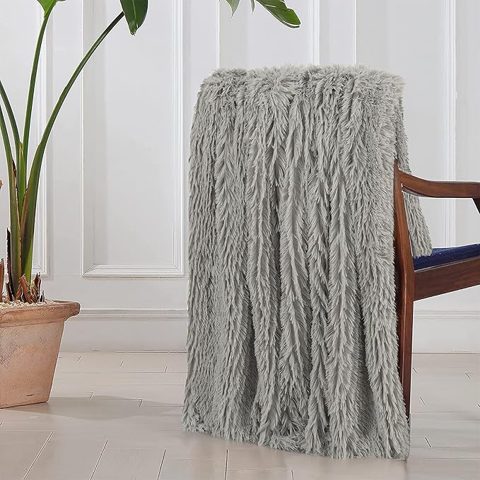 Tuddrom Decorative Extra Soft Fuzzy Faux Fur Throw Blanket 50" x 60",Solid Reversible Long Hair Shaggy Blanket,Fluffy Cozy Plush Comfy Microfiber Fleece Blankets for Couch Sofa Bedroom,Quiet Grey