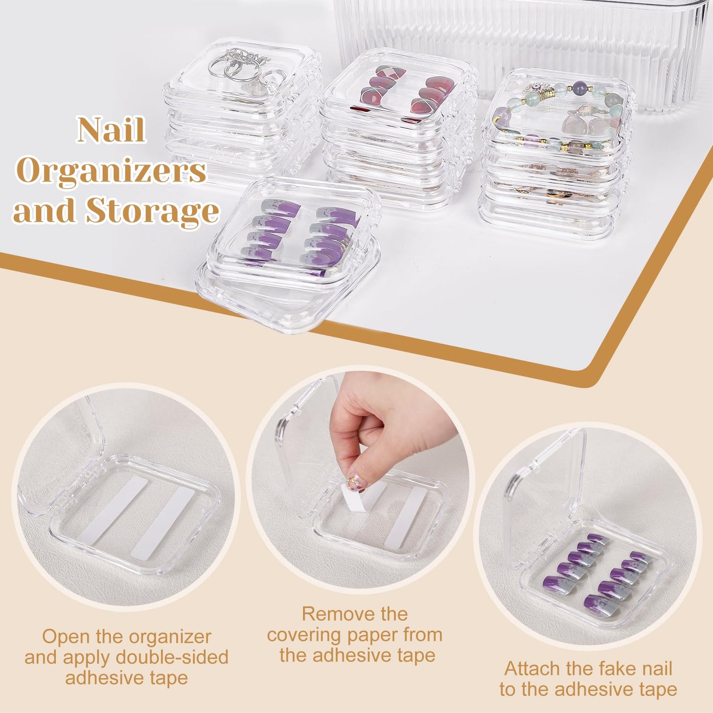 Press On Nail Organizer 14 PCS Clear Press On Nail Storage Boxes and 1 Big Storage box with 60 Pcs Adhesive Double Sided Tape,Press On Nail Packaging for Fake Nail Storage Nail Display Nail Salon.