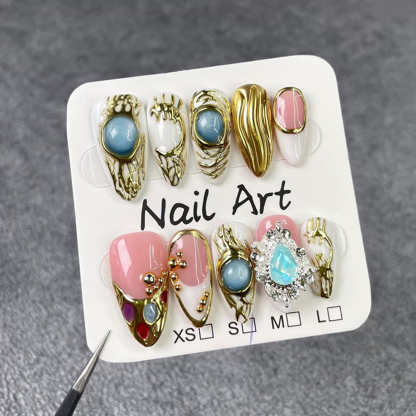 Handmade Almond Fake Nails White French Tip Press on Nails Short Gold Embossed False Nails with 3D Swirl and Charms Designs Short Acrylic Nails with Glue for Wome (Size M)