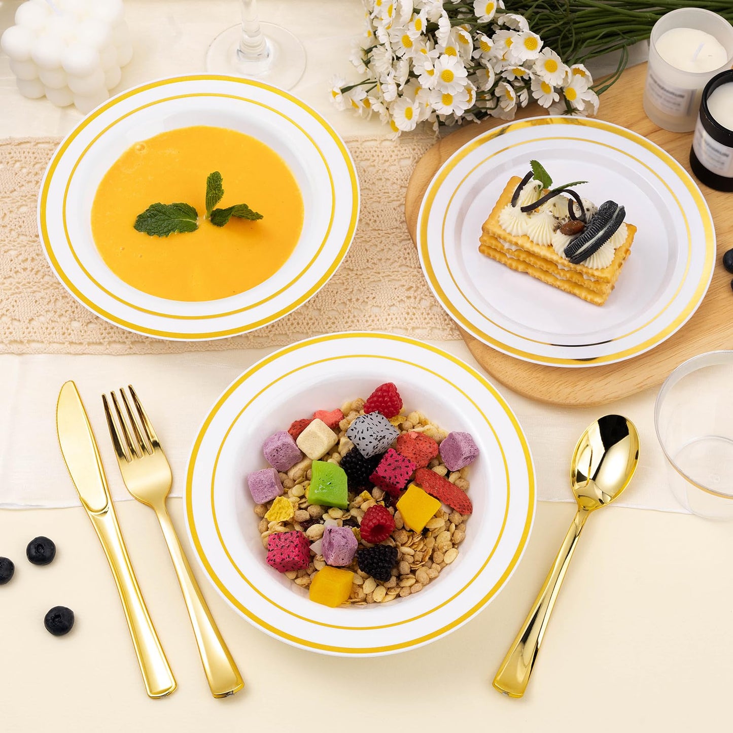 BESTSTAR 50 Pack Disposable Soup Bowls with Gold Rim, 12oz Premium Heavy Duty Plastic Dinner Bowls for Party, Wedding and Holiday
