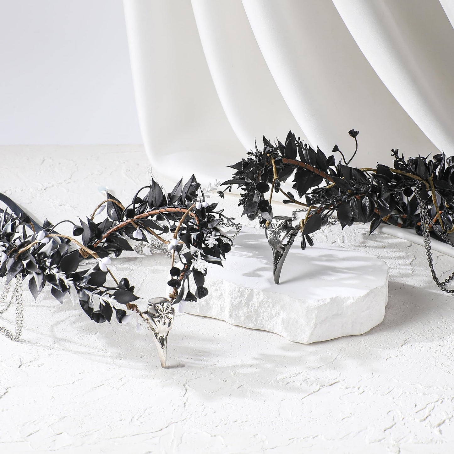MOSTORY Black Raven Elf Crown - Gothic Flower Headpiece with Tassel for Witch Accessories Women, Dark Floral Circlet for Renaissance Renfaire Halloween Witchcore Cosplay