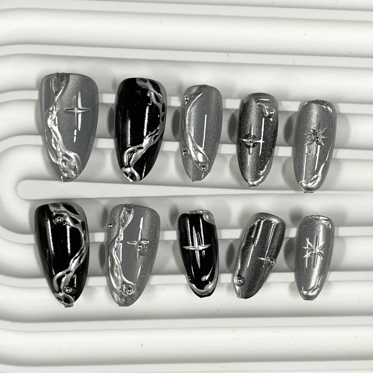 BABALAL Press On Nails Medium Almond, Black Cat Eye Fake Nails, Silver Chrome Gothic, Y2k Star, 24Pcs Acrylic False Nails