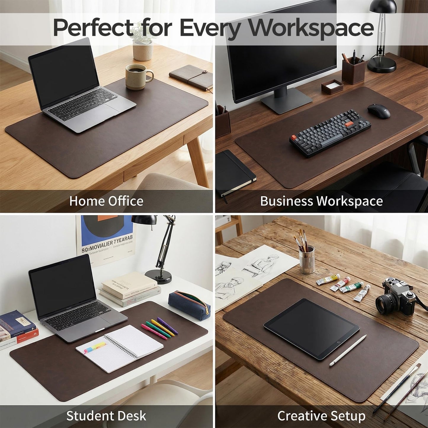 Premium Faux Leather Desk Mat & Tray Set，Innovative Cork-Look Printed Base，Gift Tube Packaging，Full-Desk Coverage，Non-Slip Desk Pad for Office Home（Espresso Brown）