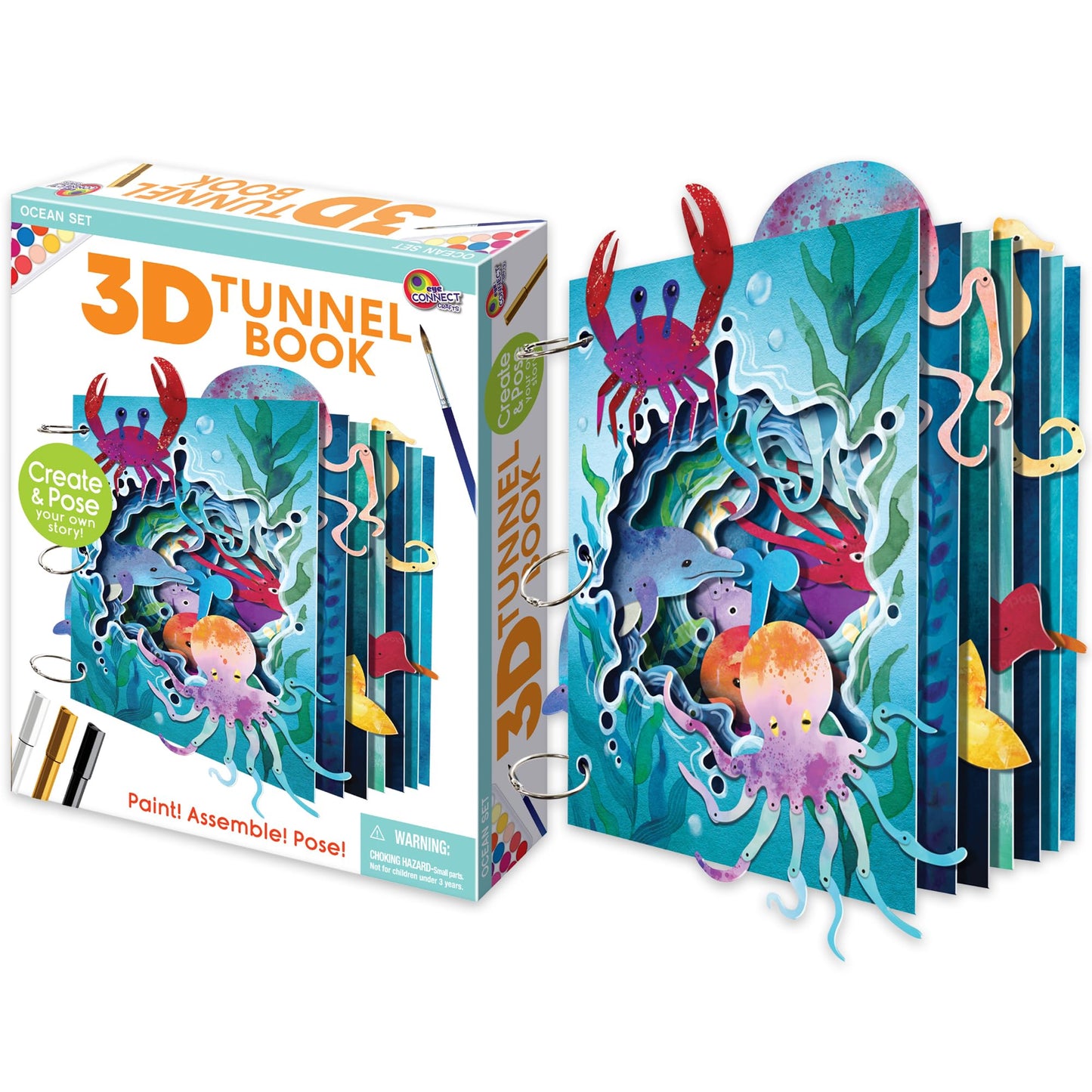 EyeConnect Crafts DIY 3D Tunnel Book Kit – Creative STEAM Art & Craft Set for Kids & Teens, Build, Paint & Make Your Own Book with Posable Interactive Animals & Characters (Ocean)
