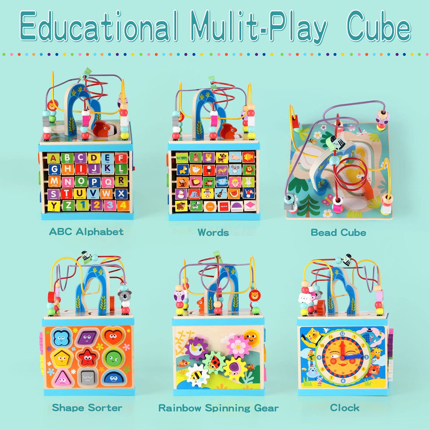 Qilay Wooden Activity Cube for Toddlers (Large), 5 in 1 Multipurpose ABC-123 Abacus Bead Maze Shape Sorter | Early Educational Toy for Toddlers - First Birthday Present for Boys Girls