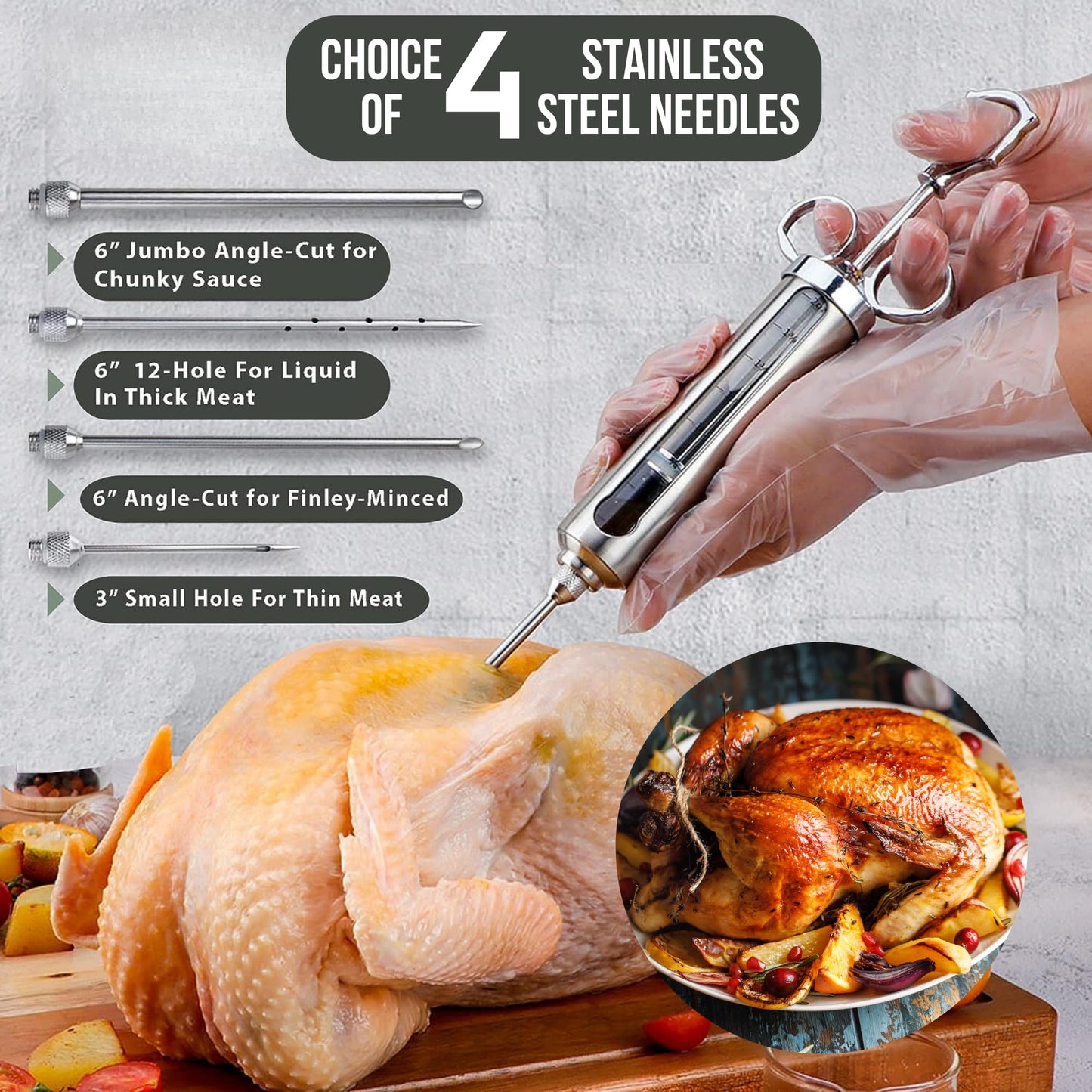 Professional Meat Injector Marinade Syringe Kit for Smoking & Grilling Turkey & Brisket, Large 2 Oz Stainless Steel Visible Capacity, Never Leaks or Clogs - BBQ Gifts for Men - Built to Last Years