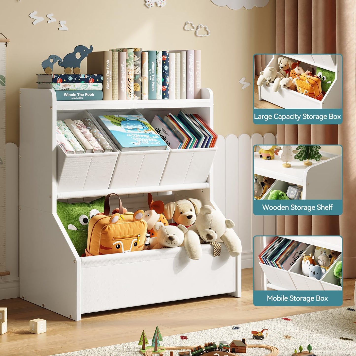 FOUCSSOMEI Kids Toy Storage Organizer, 3-Tier Toy Storage Shelf, Narrow Toy Organizer with Removable Bins, Safe Stable Design for Playroom Nursery Living Room, Patent Design
