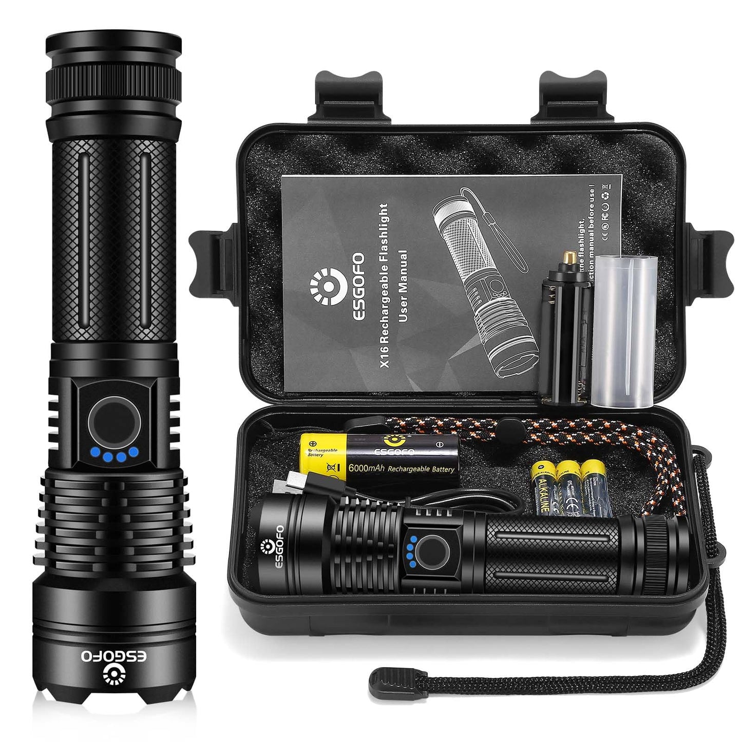 Esgofo Flashlights High Lumens 100000 Rechargeable, Super Bright Handheld LED Flash Light, Powerful Emergency Linternas, Waterproof, Long Lasting, for Hiking Camping Gift