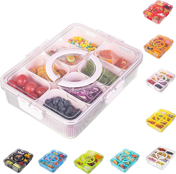 Patent Design Ribbed Snackle Box Container Divided Serving Tray with Lid and Handle -Charcuterie Container Portable Storage Organizer for Candy, Fruit, Beach, Picnics（1 pcs, Pink