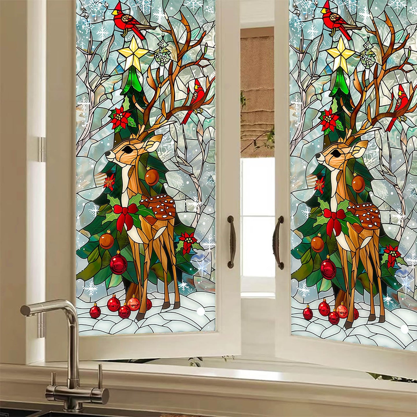 HOMETITUTE Reindeer Stained Glass Decorative Privacy Film Christmas Tree Window Cling Holiday Seasonal Window Sticker for Living Room Bedroom Kitchen 17.7 x 39.3 Inch