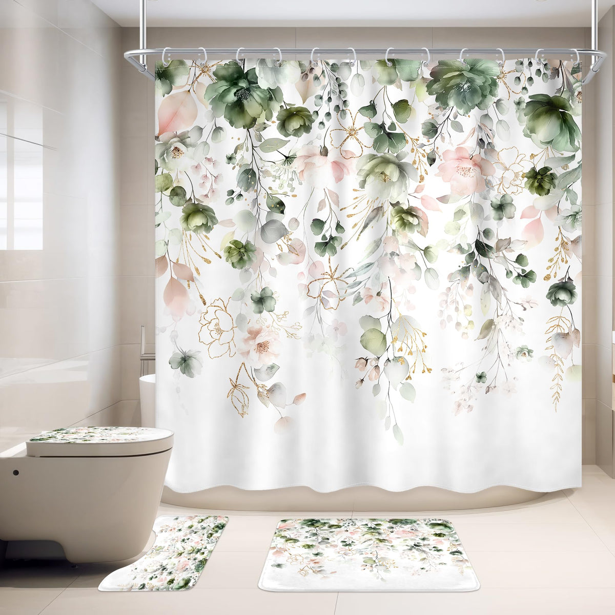 Navy Blue Floral Watercolor 4Pcs Bathroom Shower Curtain Set with Rugs