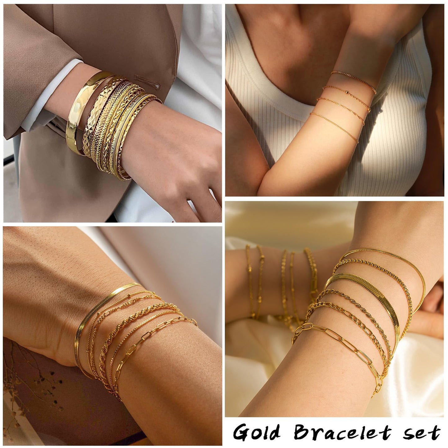IFKM 35 PCS Chain Bangles Bracelets Set for Women, Multiple Layered Stackable Open Cuff Bangle Anklet Bracelet Trendy Elegance Link Beads Italian Boho Cuban Jewelry for Women Gift