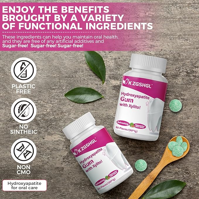 Hydroxyapatite Gum, 90 Pieces, Good for Teeth Remineralization, Sugar-Free Watermelon Chewing Gum with Xylitol, Two pills after meals to freshen breath and clean teeth