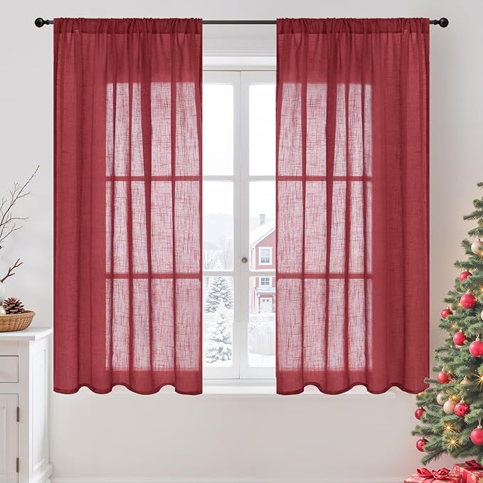 BGment Burgundy Curtains Semi Sheer 48 Inch Length for Windows, Linen Drapes Lightweight Rustic with Rod Pocket for Short Living Room Bedroom Office, 2 Panels Set, Each 42 Inch Wide