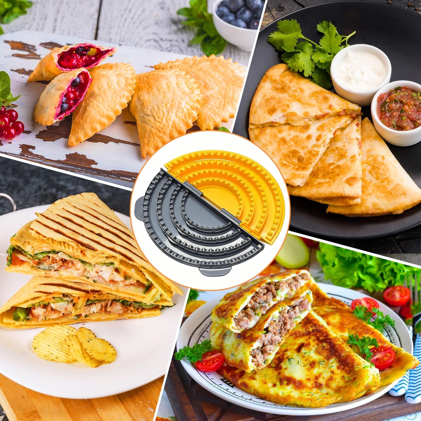 Adjustable 4 In 1 Empanada Maker Press - 4/6/8/10 Inch Large Tortilla Sealer with Steel Cutting Blade,Leak Proof Wave Tooth Design for Wraps,Burritos,Tortilla,Pasties,Pierogi,Pastelitos,Dumplings