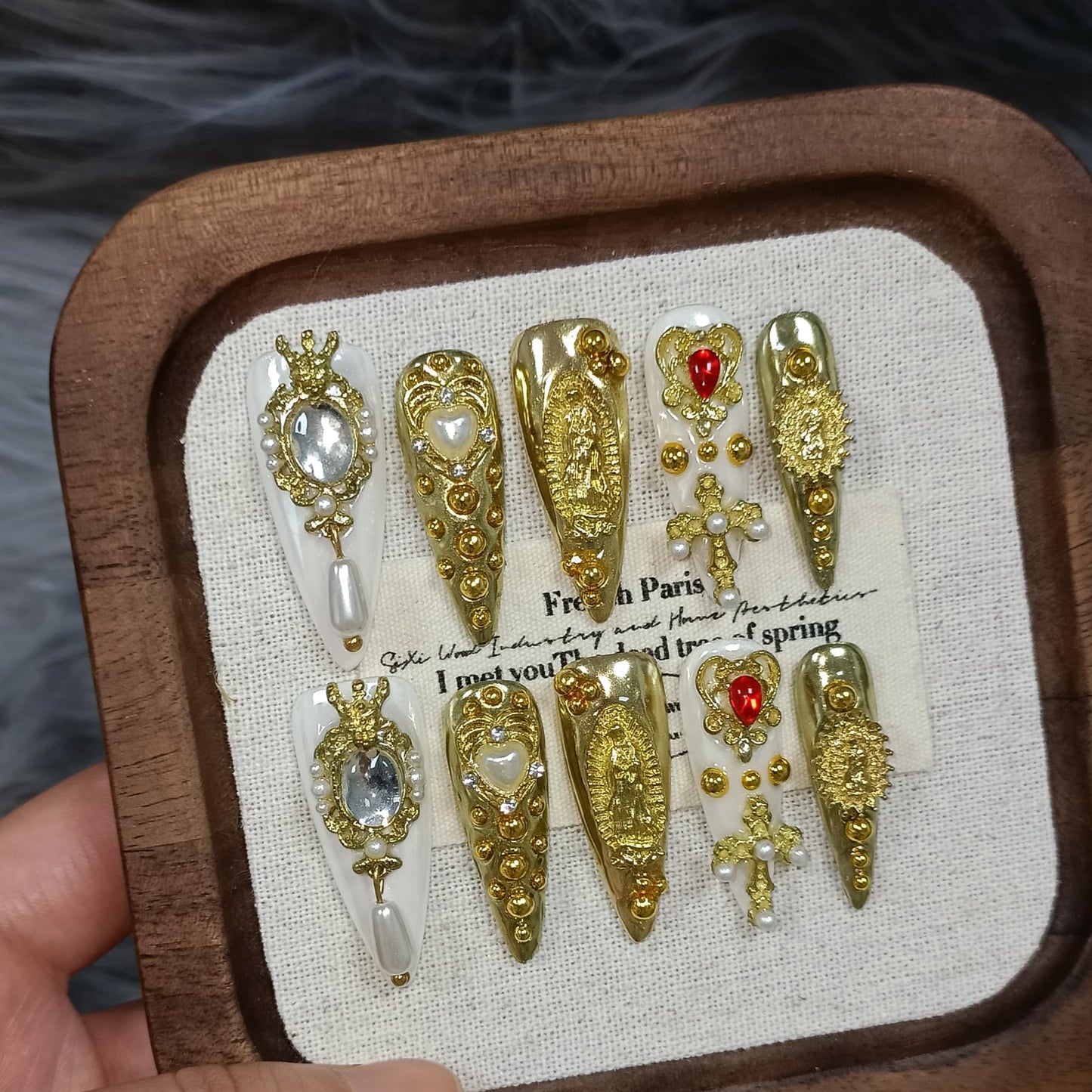 TENPAL 10Pcs Handmade Royal Press On Nails With Tools,Metallic Gold Long Stiletto Fake Nails with Pearl & Celestial Charms Designs,Sculpted 3D Baroque Acrylic Glue on Nails for Wedding Gothic Ball(L)