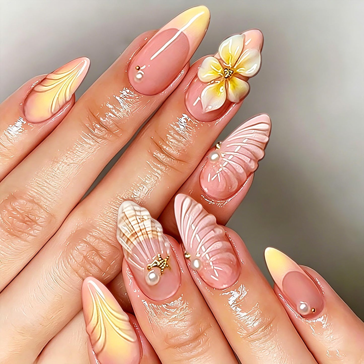 30Pcs Summer Yellow Press on Nails Medium Almond Nails Press on with 5D Flower, Pearl & Water Ripple Design French Tip Fake Nails Glossy Shell Glue on Nail Reusable Summer Nail for Women Manicure