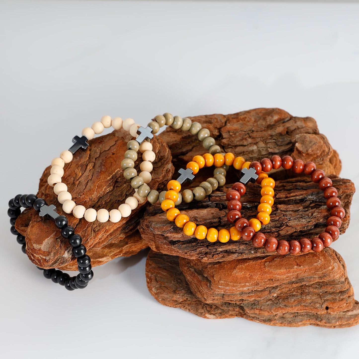 MILAKOO 5Pcs Black Hematite Cross Charms Wooden Bracelets for Unisex Prayer Meditaion Mala Beads