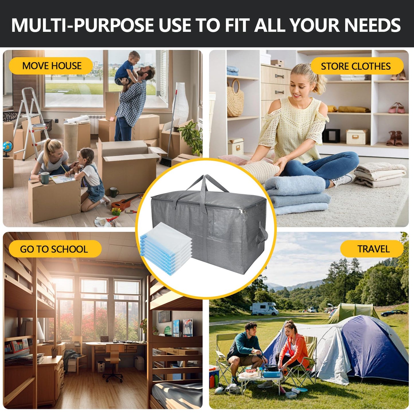 Extra Large Storage Bags Set Heavy Duty Moving Totes with Handles, Waterproof Dual-Way Carrying Design Fold Flat Storage Totes For Effortless Moving, (Gray, 12 Park-2 Moving bag & 10 Vacuum Seal Bags)