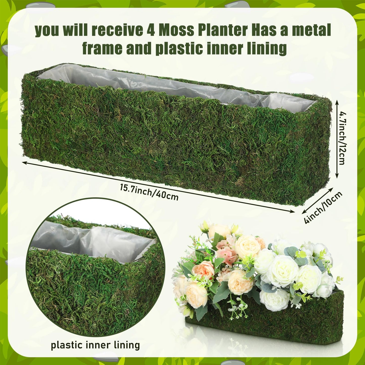 Maxdot 4 Pack Moss Window Box Planters, 16 Inch Rectangular Decorative Planter Boxes with Plastic Liner, Indoor Outdoor Window Sill Planters for Flowers, Herbs, Easter Spring Home Garden Decor