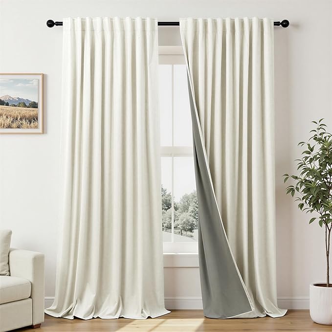 Extra Wide 70 Inch Blackout Curtains & Drapes 108 Inch Long 2 Panel for Sliding Glass Doors Modern Farmhouse Linen Blend Heavy Floor to Ceiling Large Window Bedroom Drape 70x108 Length Cream Off White