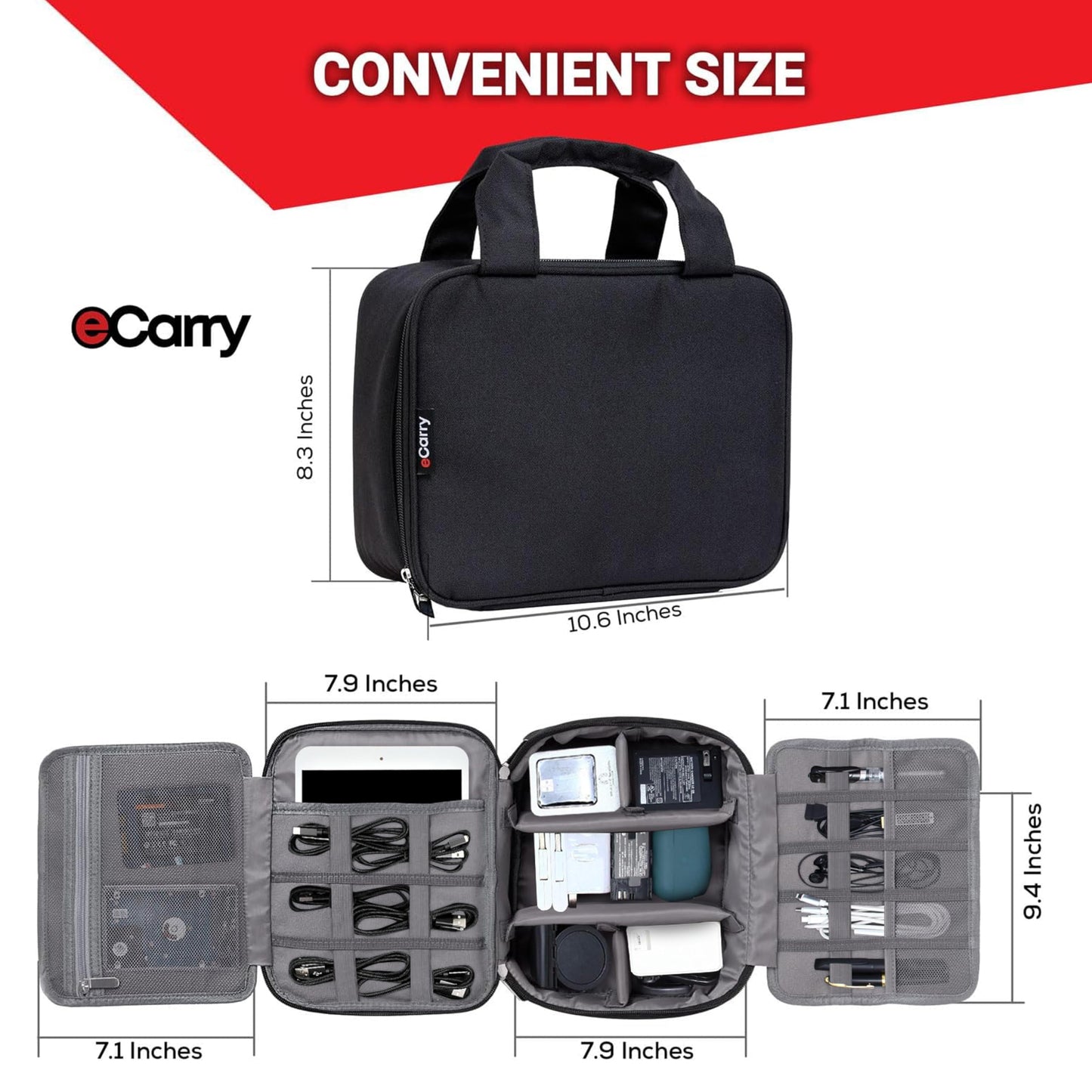 eCarry Electronics Organizer Case - Multi-Layer Full Flat Opening With Compartments and Pockets - Cord Organizer for Accessories, Cables, Electronics Travel