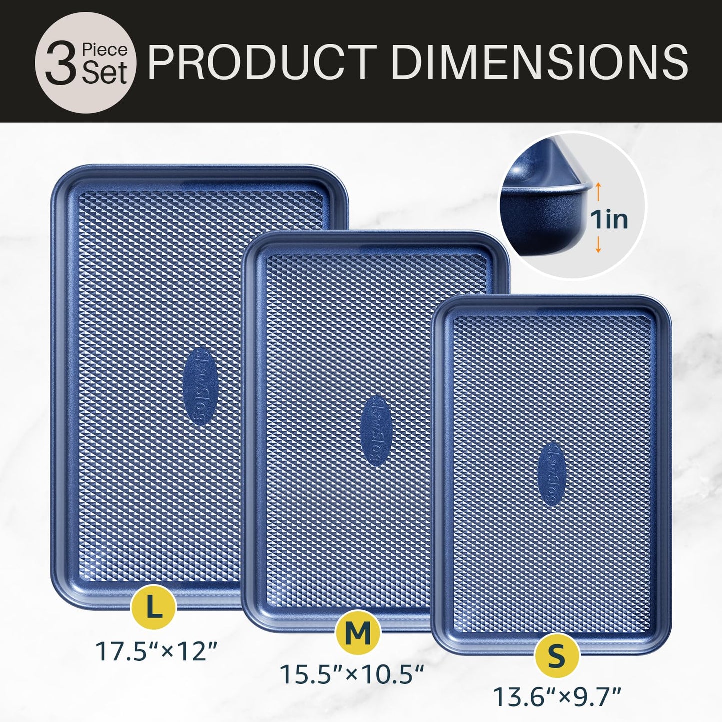 Slow Slog 3Pcs Nonstick Baking Sheet, Baking Sheet Pan Set, Jelly Roll Pans, Cookies Sheet for Baking, Cookie Sheet Pan with Diamond Texture, Blue