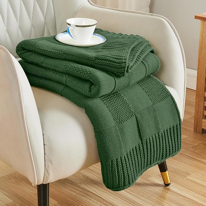 CozeCube Check Knit Throw Blanket,Christmas Green Checkered Bedroom Blanket for Couch, Soft Cozy Warm Knitted Blanket for Bed Sofa Living Room, Decorative Spring Fall Throw Blanket, 60"X80"