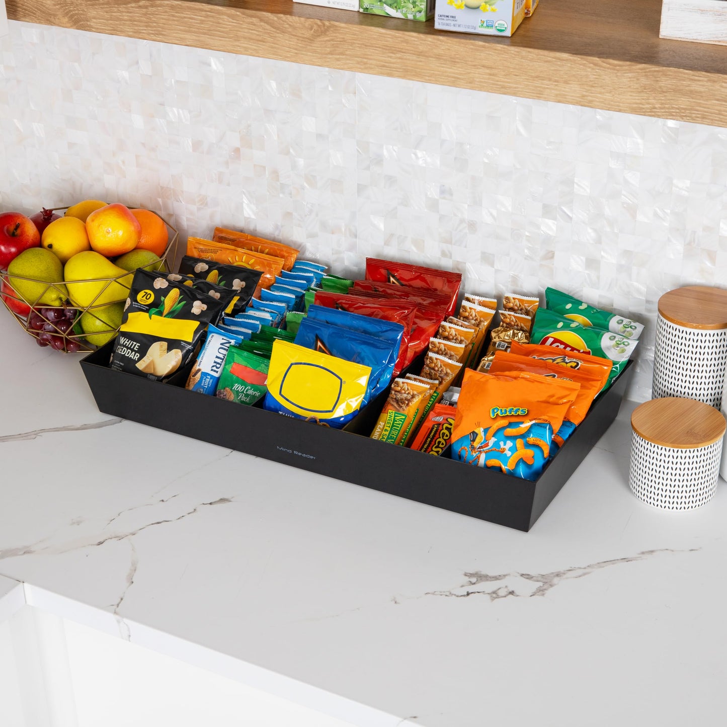 Mind Reader Snack Tray, Countertop Organizer, Snack Tray, Pantry, Breakroom, Kitchen, Black