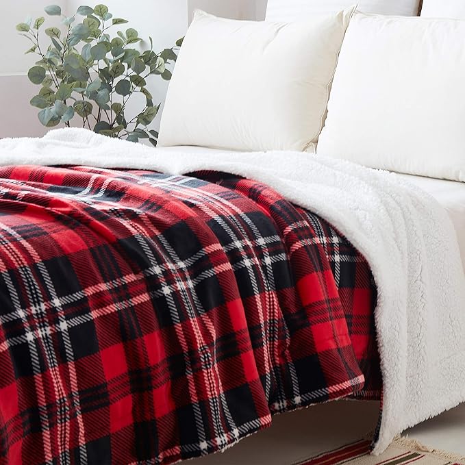 SOCHOW Sherpa Plaid Fleece Throw Blanket, Double-Sided Super Soft Luxurious Bedding Blanket 50 x 60 inches, Red/Grey