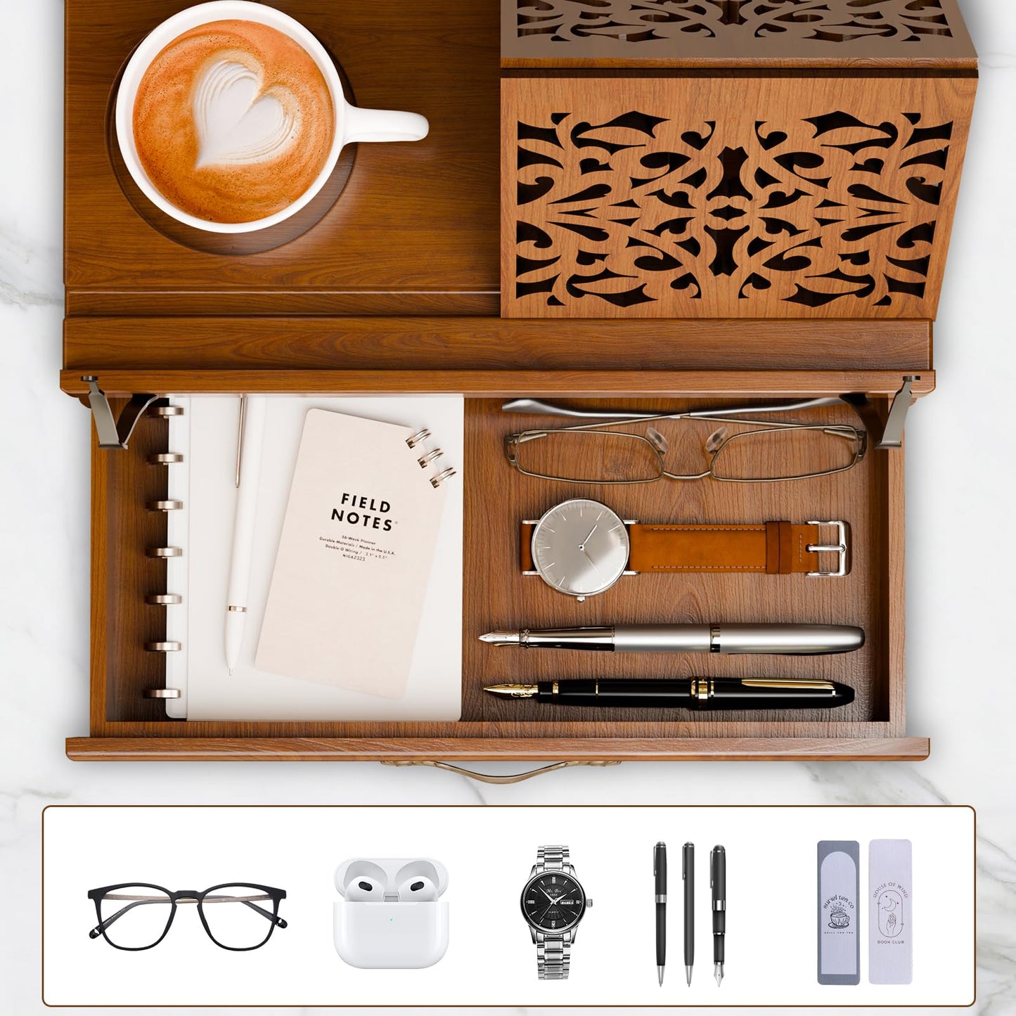 Adjustable Wooden Book Stand with Storage - Multi-Function Hands Free Book Holder for Books, Tablets & Recipes with Cup Slot, Pen Groove & Page Holder - Perfect Kitchen Counter & Gifts for Book Lovers