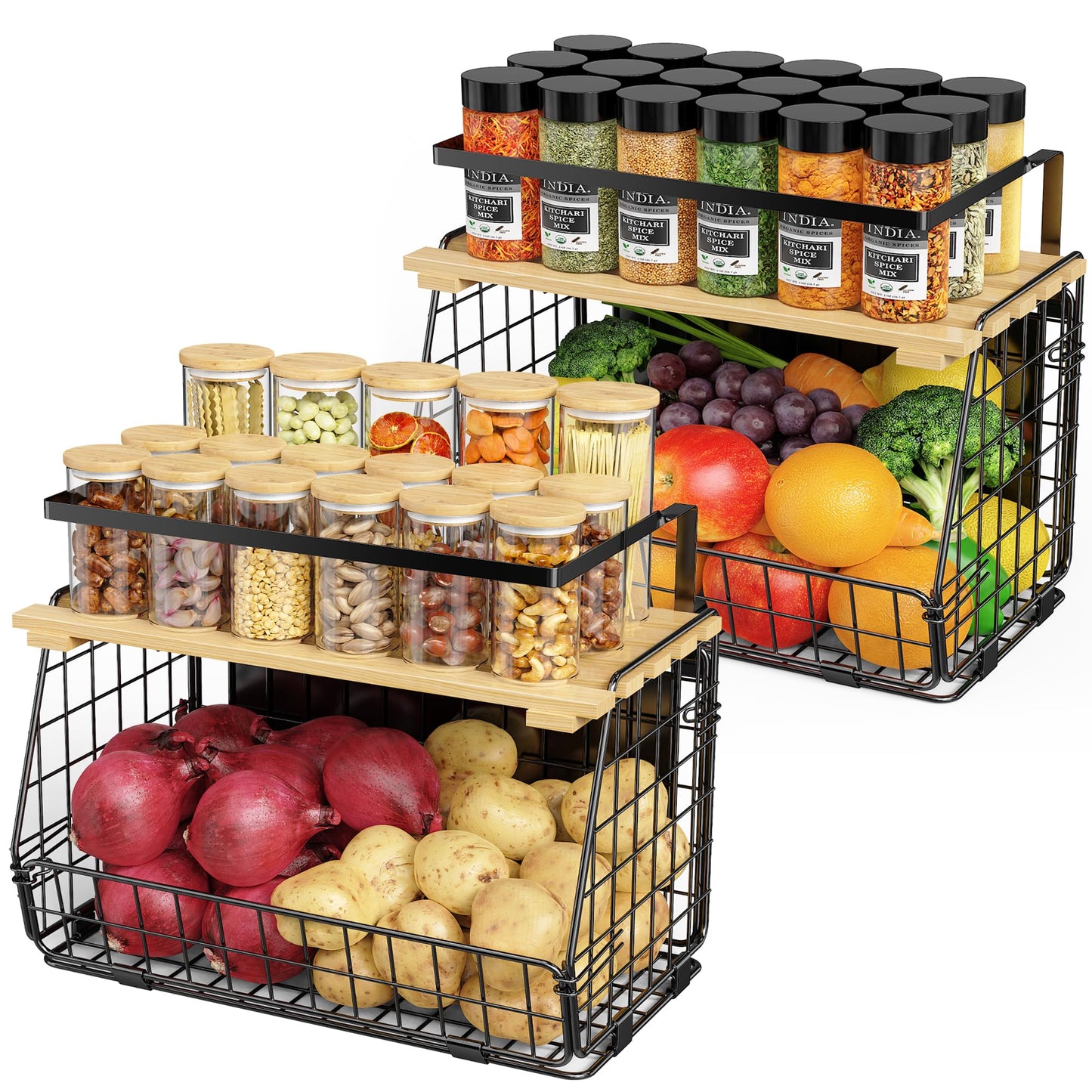 GGIU Magnetic Shelf for Fridge with Lid: 2 Pack Fruit Potato and Onion Storage Bin - Magnetic Spice Rack for Refrigerator & Kitchen Counter - Pantry Organizers and Storage