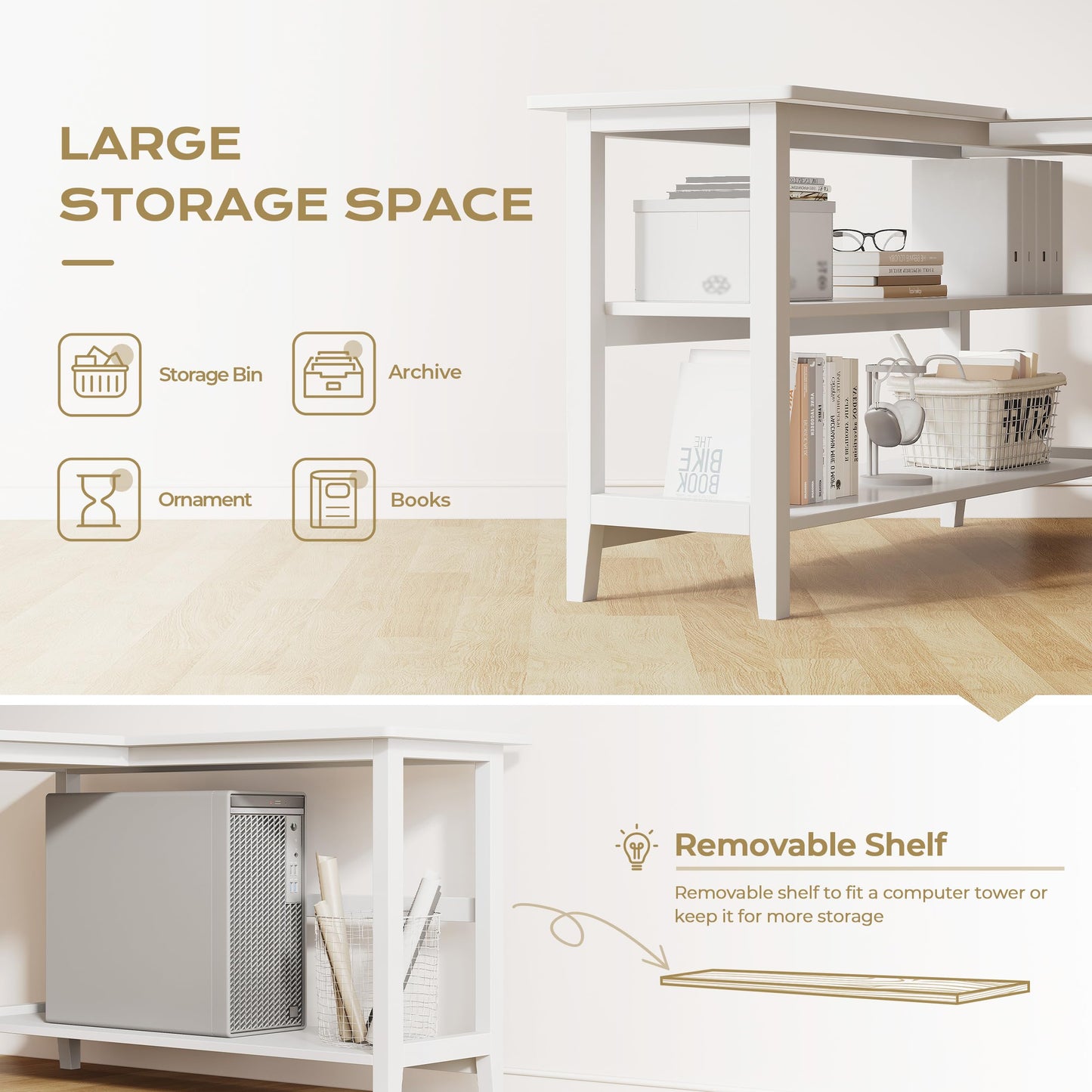 IOTXY Reversible L-Shaped Office Desk - 53" Modern Corner Computer Table with Storage Shelves, Solid Wood Legs, Home Writing & Study Workstation, White