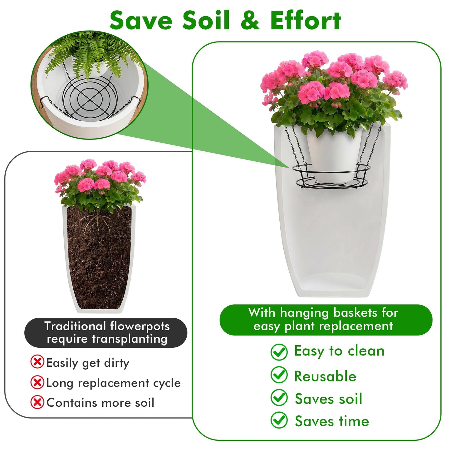 holoith 3 Pack Adjustable Planter Inserts for Pots, 12-24" Plant Risers for Inside Pots, Chain Pot Fillers for Round Planters to Reduce Soil, Black Stainless Steel Planter Insert with 4Hooks