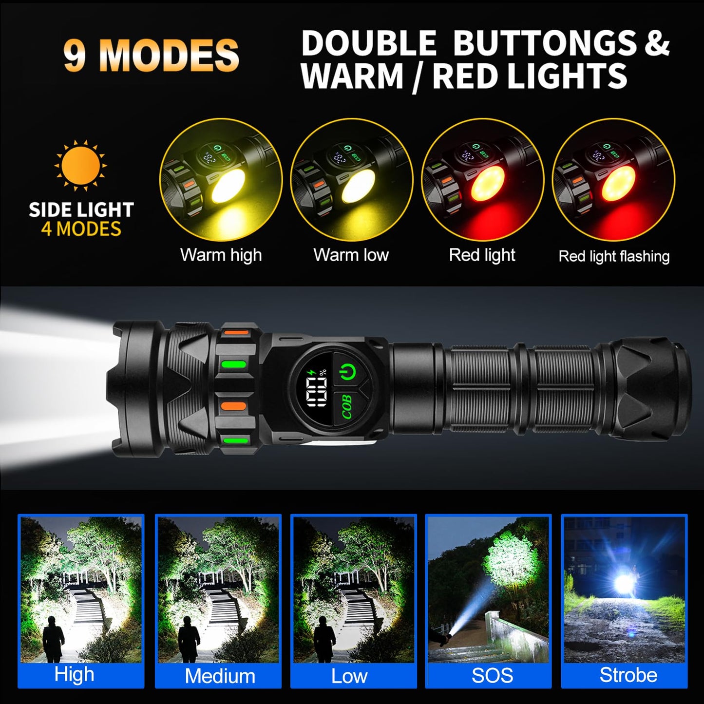 Rechargeable Flashlights High Lumens 5000 Long Distance, Super Bright LED Flash Lights with COB Sidelight USB C LCD Display, Daul Light Source & Buttons with Red Light, for Camping Hiking Emergency
