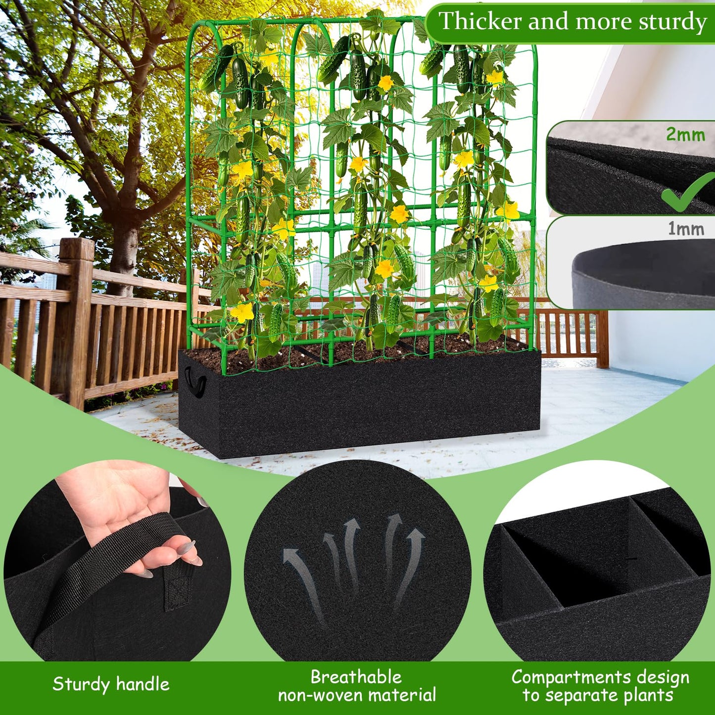 Srapwati 65"H x 50"W Cucumber Trellis with Grow Bag & Netting, U-Frame Metal Plant Support, Heavy-Duty Steel & Plastic, Green & Black, Rectangular, Climbing Plant Support Structure