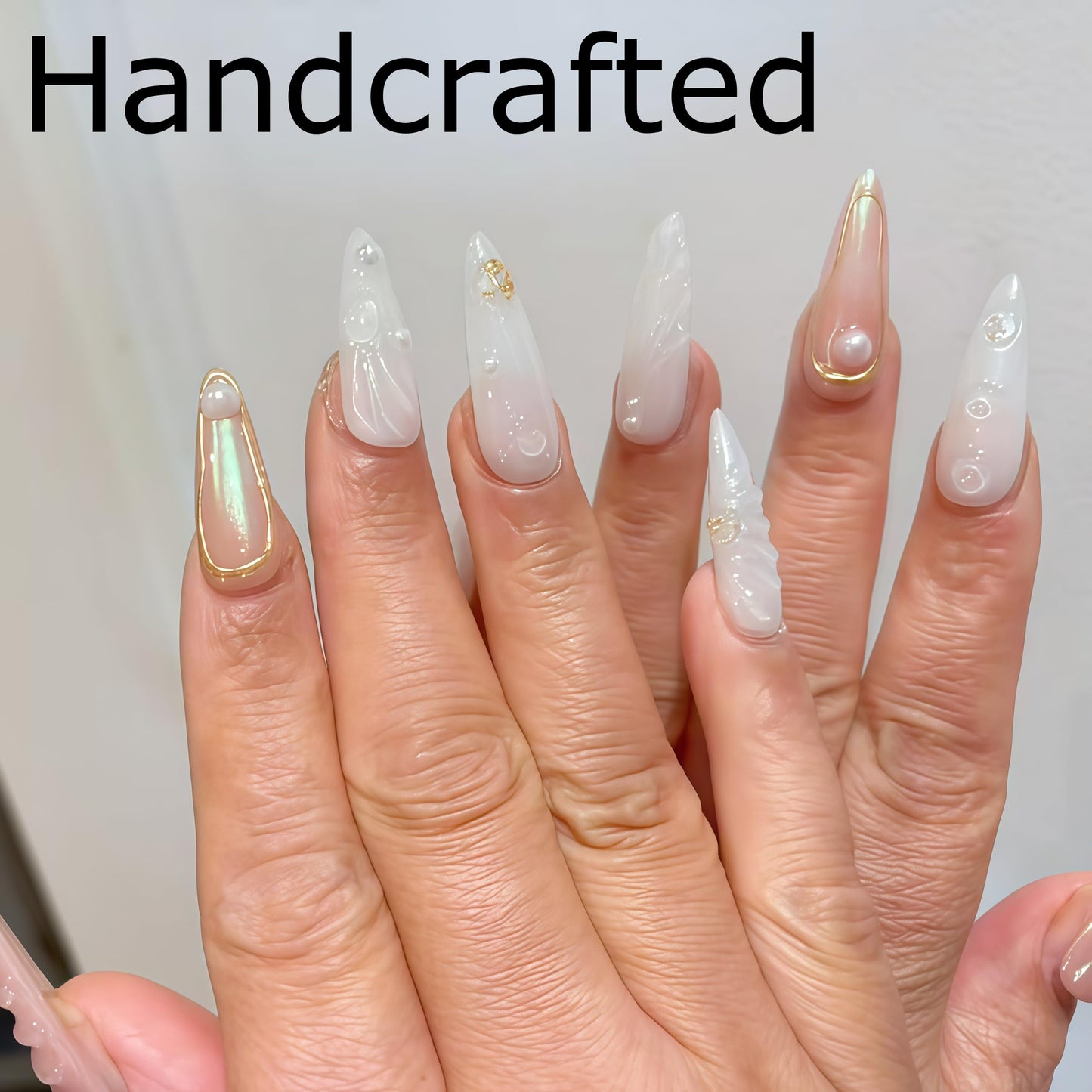 Handcrafted Press On Nails Iridescent Shell Luster Mermaid Texture Pearl Gold Edge Caviar Decor 100% Handmade Realistic Artistic Fake Nails Gifts For Women (Mermaid Shell Gloss Pearl, Medium L)