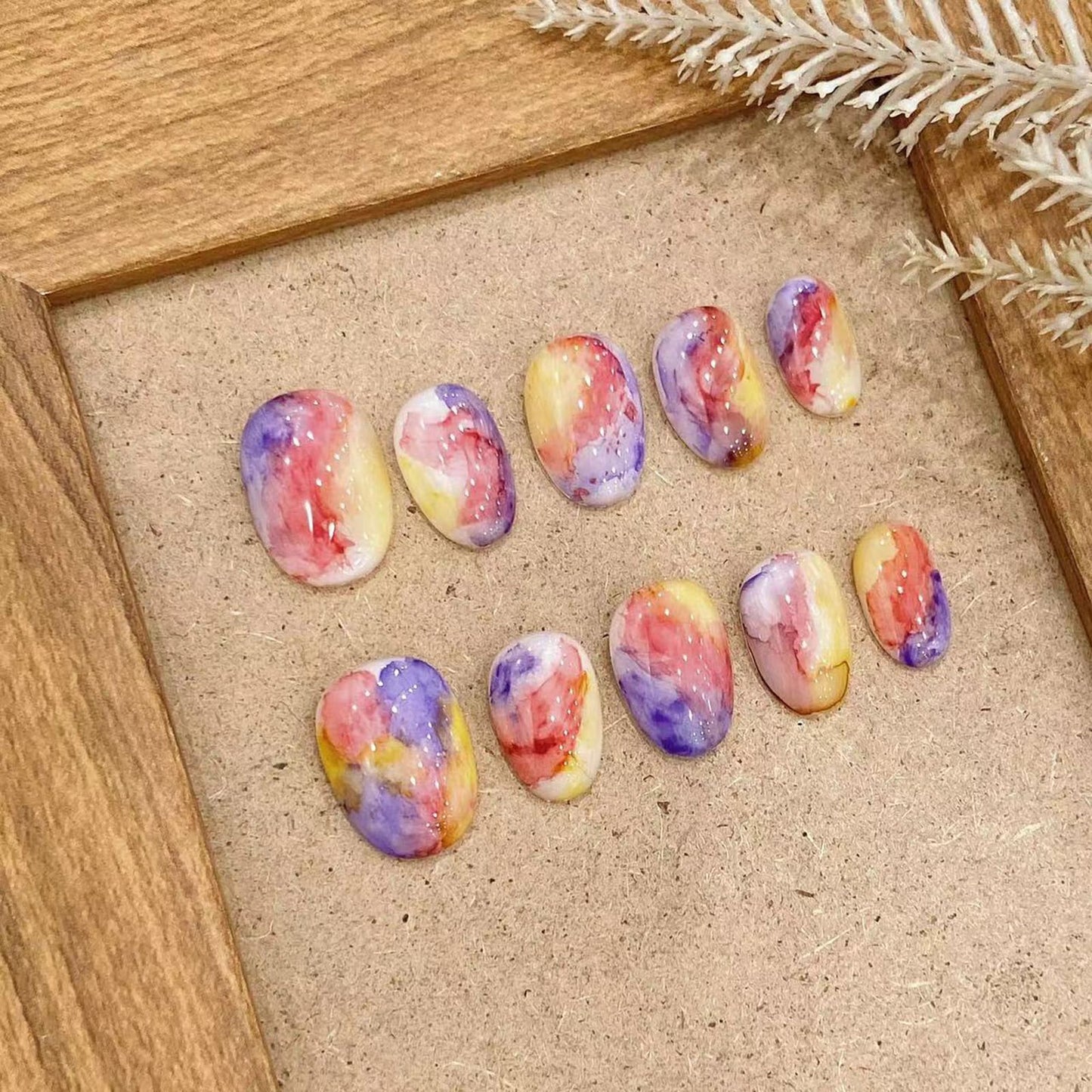 Yacey Handmade Press on Nails Short Oval, Colorful Abstract Marble Reusable False Nails Press Ons, Thick Acrylic Fake Nails, Luxury Glow Glue on Nails for Women Girls (10 Pcs, M)