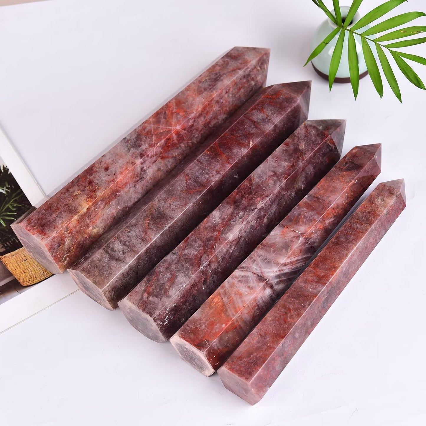 AMOYSTONE Large Red Hematoid Quartz Stone Wand Healing Crystal Obelisk Tower 6 Faceted Column Reiki Chakra Meditation Therapy 2.2-2.6 LBS