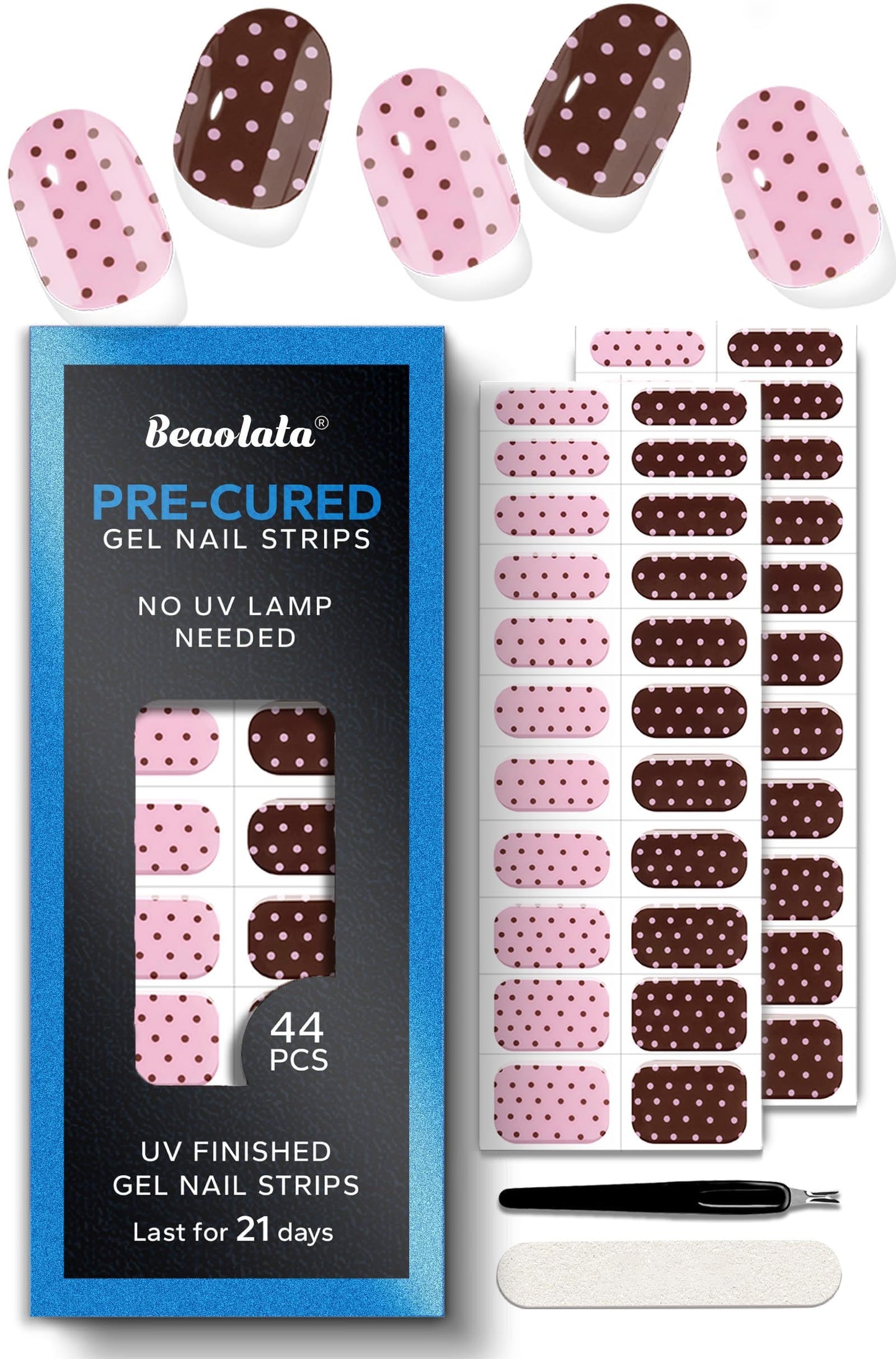 Beaolata Real Gel Nail Strips (No UV Light Needed) - 44Pcs Salon Quality Nail Stickers - Long Lasting Polish Wraps for Women, Easy Apply & Remove (Pink Cocoa Pop)