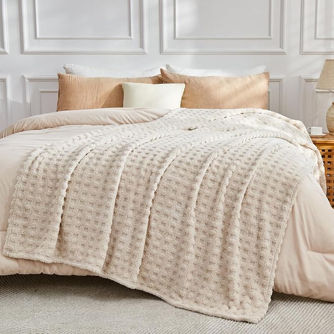 NEWCOSPLAY Super Soft Twin Blanket Linen Premium Silky Flannel Fleece 3D Waffle Checkered Lightweight Bed Blanket All Season Use (Linen, Twin(60"x80"))