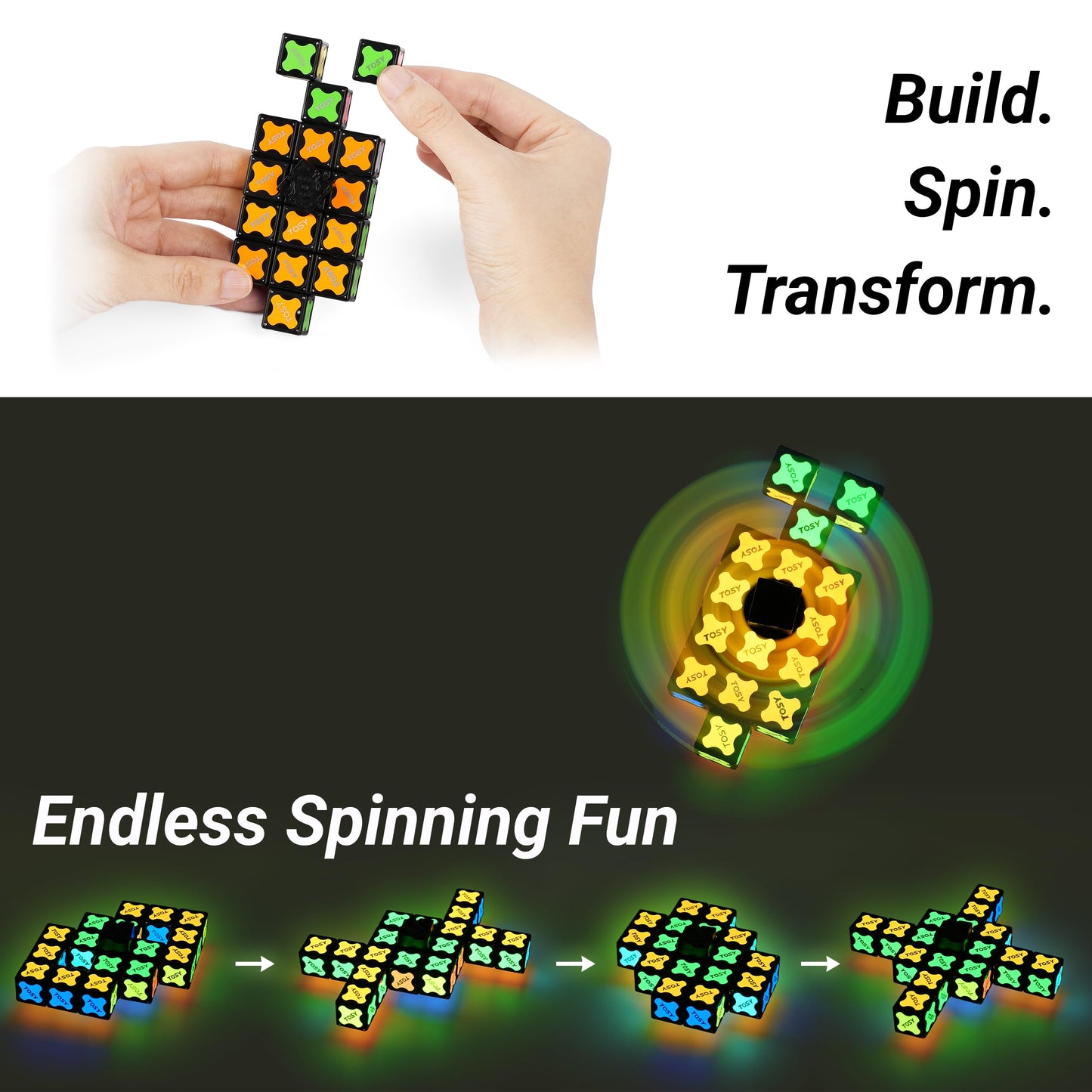 TOSY Magnet Fidget Spinner Glow - 16 Blocks, 3in1 Toy: Transformable Fidget Spinner, Infinity/Puzzle Cube, Easter Basket Stuffers Gift for Kids/Adults, Glowing STEM Sensory Stress Relief