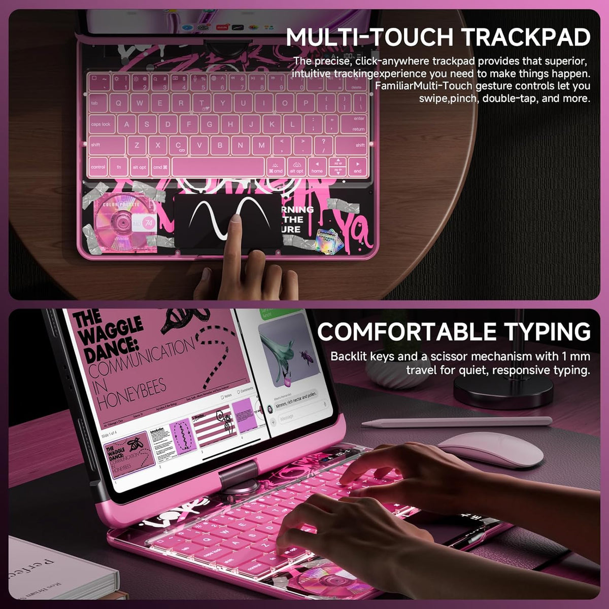 Transparent Case with Keyboard for 2024 iPad Pro 11-inch(M4),with 7-Color Backlit Wireless Keyboard, 360°Rotatable Protective Case Multi-Touch Trackpad,with Pencil Holder,with Shortcuts,Pink
