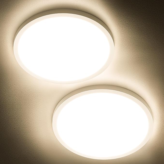 SunRider 2-Pack LED Flush Mount Ceiling Light Fixture, 3000K Warm White, 2400LM, 12 Inch 24W 240W Equiv. Round Flat Ceiling Lights, Non-Dimmable