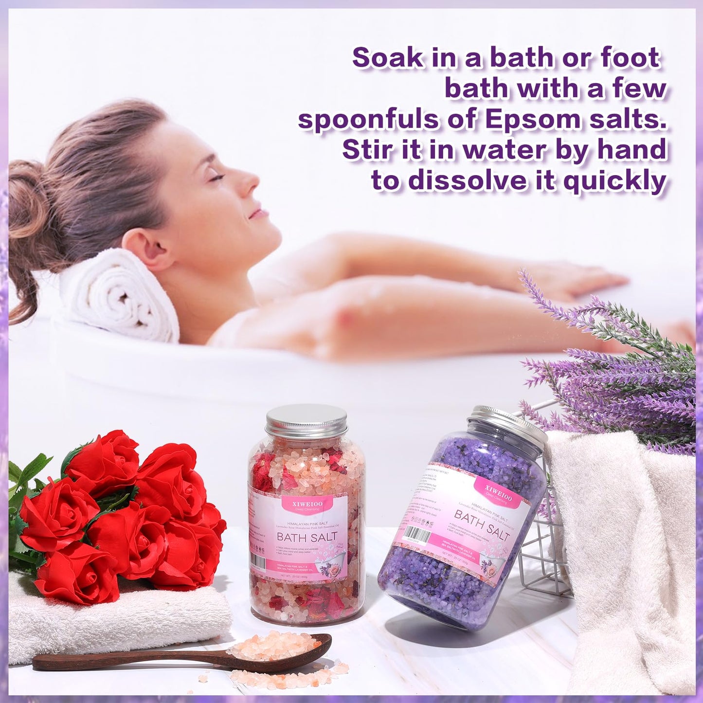 XIWEIOO Bath Salts kit Himalayan Pink Salt -46 oz, Pack of 2 Natural Epsom Salt Rose, and Lavender- Essential Oils Relaxes and Better Sleep Foot Soak Tea Tree Oil Soaking & Bathing