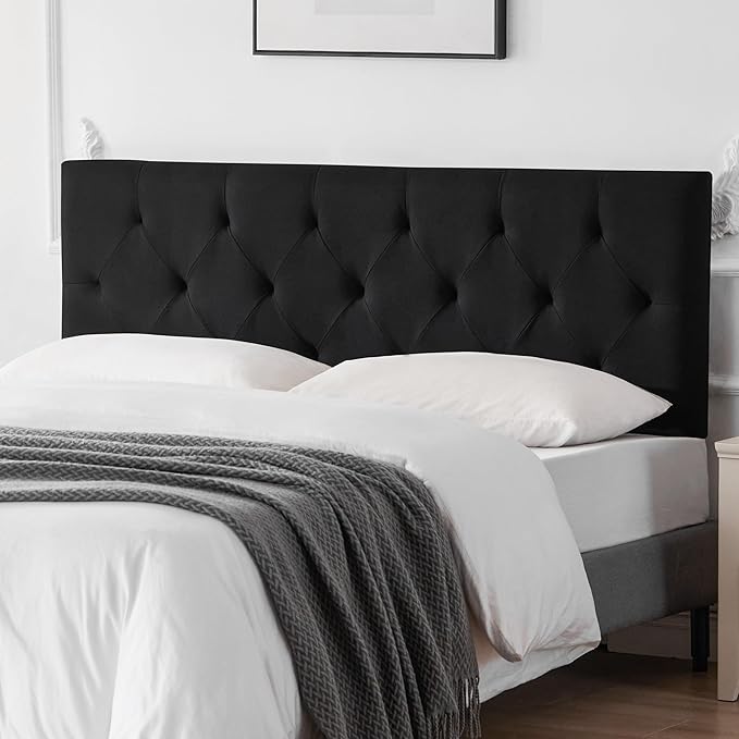 Linen Fabric Upholstered Headboard Queen Size, Modern Diamond Tufting Solid Wood Queen Headboard Only, Adjustable Height from 37” to 51” Head Board, Bed Frame or Wall Mount Headboards, Black