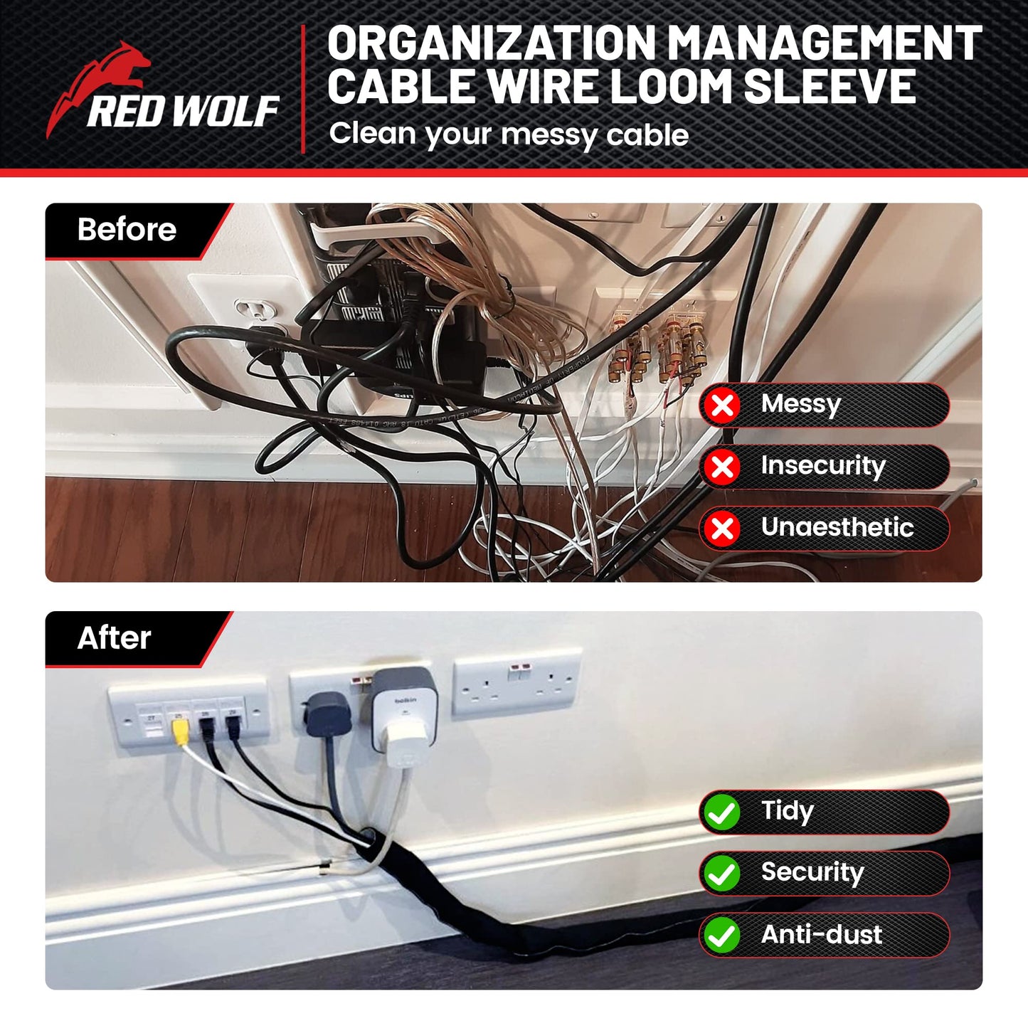 RED WOLF 1/4” x 10FT Cable Sleeves Cord Management Braided Wire Loom Sleeving Protector Wiring Cable Cover Flexible Self-Wrap for Automotive Home Office Anti-Scratch High-Temperature Black