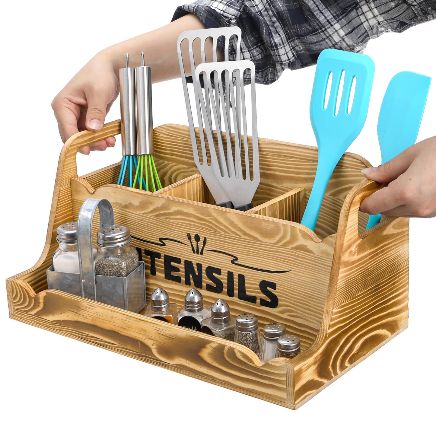 Noamus 15" Kitchen Utensil Holder with Spice Bottles Tray, Extra Large Wood Countertop Utensil Organizer with Handles, 4 Compartment Cooking Tool Storage Caddy for Home Decor Gift