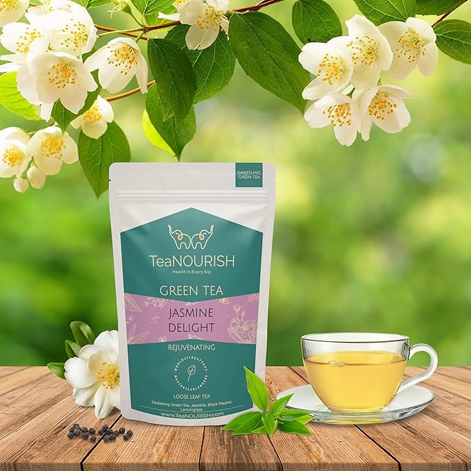 TeaNOURISH Jasmine Delight Green Tea | Darjeeling Loose Leaf Tea with All Powerful Antioxidants | Supports Immunity |Calming, Relaxing & Bedtime | 50 Cups Hot or Iced Tea - 3.53oz/100g